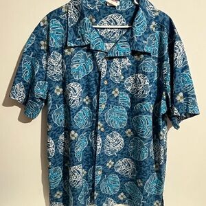 Blue and White Casual Button Down Shirt with Floral Design